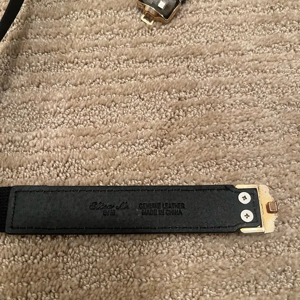 Elise M. Elastic Black Leather Belt With Black Gem